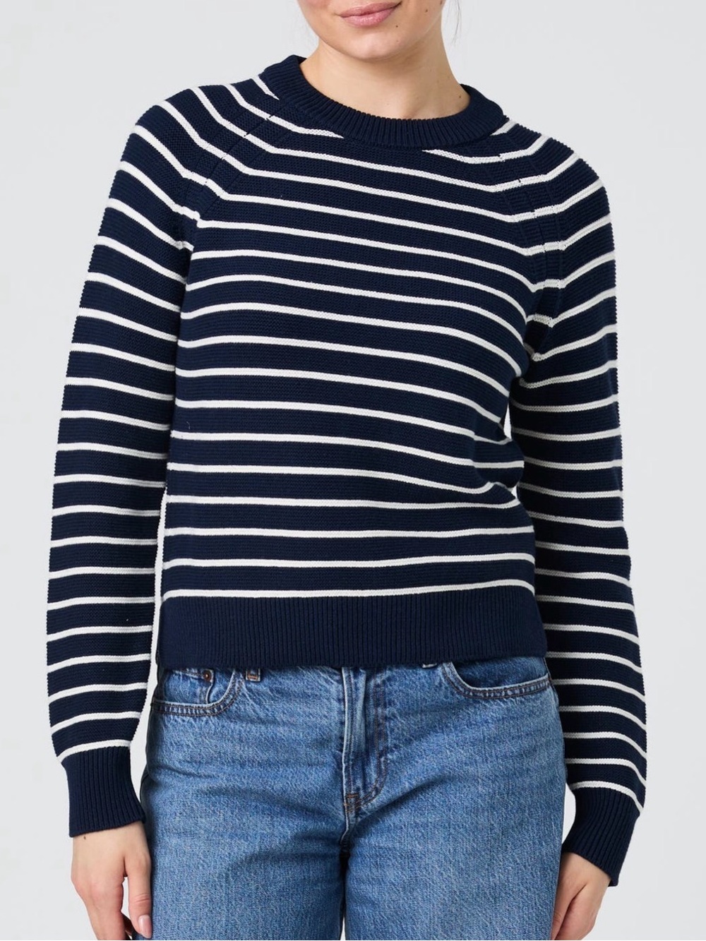 French Connection Navy and White Striped Crewneck Sweater Sz M